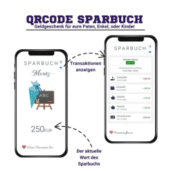 New Schulanfang Geldgeschenk | Digitales Sparbuch | QrCode Postkarte DIN A6 inkl. Briefumschlag und Anhänger | Schultüte Kinder Einschulung