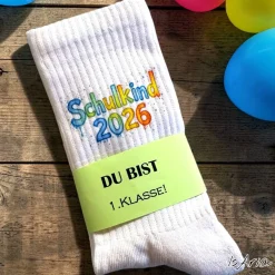 Online Schulkind 2026 Socken, für Jungs & Mädchen Wasserfarben/ Tennissocken, Personalisierbar, Strümpfe, Geschenk Einschulung Kinder Einschulung