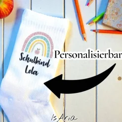 Einschulung|IsAria Schulkind Regenbogen Socken,Tennissocken, Personalisierbar, Strümpfe, Geschenkidee Einschulung
