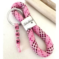 Schulkind Schlüsselanhänger aus Segelseil, Zwischenstück: "Schulkind", pink/rosa/beere Kinder Einschulung