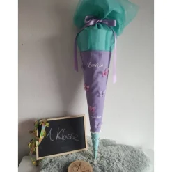 Clearance Schultüte aus Baumwolle mit 3D Schmetterlingen 70cm flieder/türkis Kinder Schultüten