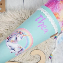 Schultüten|Nähwerkstatt by Juli-Anne Schultüte Stoff Einhorn Regenbogen Mint bunte Blumen 70cm 85cm   *personalisierbar und mit Kisseninlet