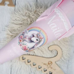 Clearance Schultüte Stoff Hellrosa mit Einhorn und Glitzer Regenbogen Tüll 70cm 85cm   *personalisierbar Kisseninlet Kinder Schultüten