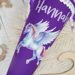 Schultüten|Nähwerkstatt by Juli-Anne Schultüte Stoff Pegasus Lila Glitzer 70cm 85cm   *personalisierbar und mit Kisseninlet