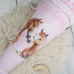 Schultüten|Nähwerkstatt by Juli-Anne Schultüte Stoff Pferde Rosa Glitzer 70cm   *personalisierbar und mit Kisseninlet