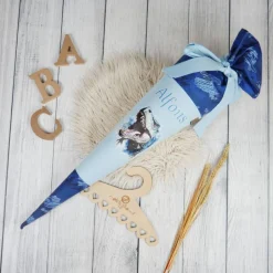 Schultüten|Nähwerkstatt by Juli-Anne Schultüte Stoff T-Rex Dinosaurier Blau 70cm 85cm   *personalisierbar und mit Kisseninlet