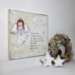 Geschenke|Gista Shop Schutzengelbild handgemalt auf Keilrahmen – Geschenk zur Taufe, Kommunion & fürs Patenkind – Mädchenzimmer Deko 20x20