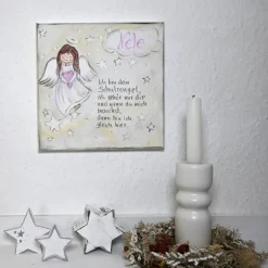 Geschenke|Gista Shop Schutzengelbild handgemalt auf Keilrahmen – Geschenk zur Taufe, Kommunion & fürs Patenkind – Mädchenzimmer Deko 20x20