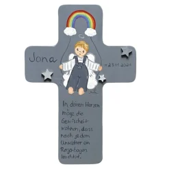 Best Schutzengelkreuz Junge mit Regenbogen Taufkreuz, Kinderkreuz Geschenk zur Taufe / Geburt Geschenke