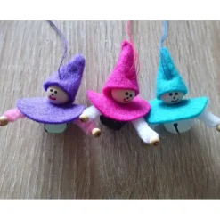 Baumschmuck|CreativBaer sechs kleine Filzwichtel mit Glöckchen - (2x türkis-weiß + 2x pink-weiß-schwarz + 2x lila-rosa-weiß)