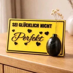 Selbststehende 3D-Karte mit integrierter Vase – „Sei glücklich, nicht perfekt“ Tischdekoration