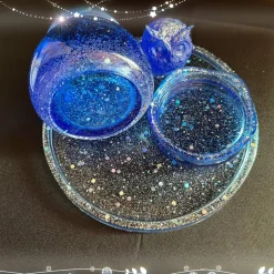 Outlet Set aus Schale  Eule und Dose mit Schraubdeckel auf einem runden Tablett Geschenke