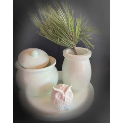 Online Set aus Töpfchen, Eule und kleiner Vase auf einem runden Tablett Geschenke