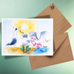 Sommer|AWkreativKunst-Shop Sommerliche Postkarte mit Möwen – Sonne, Sand & Meer für Urlaubsfeeling
