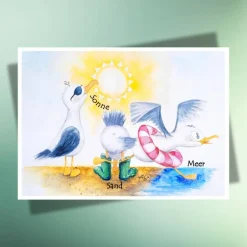 Sommer|AWkreativKunst-Shop Sommerliche Postkarte mit Möwen – Sonne, Sand & Meer für Urlaubsfeeling