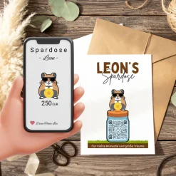Hot Sparbuch mit QR-Code – personalisierte Geschenkidee zur Taufe, Geburt oder Einschulung | Handmade | Hamster Geldgeschenke