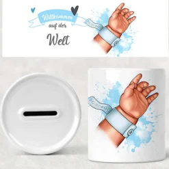 Outlet Spardose zur Geburt mit Name / Geburtsdatum auf Babyhand Armband Geschenke
