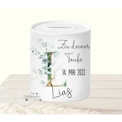 Online Sparschwein zur Taufe personalisiert Eukalyptus Geschenke