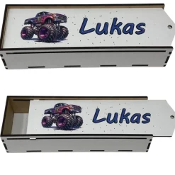 Discount Stiftebox aus Holz personalisiert | Geschenk Einschulung| Federmäppchen Stifte Etui | Stifthalter Monstertruck Kinder Federmäppchen