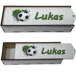 Discount Stiftebox aus Holz personalisiert | Geschenk Einschulung| Federmäppchen Stifte Etui | Stifthalter Fussball Blau Kinder Federmäppchen