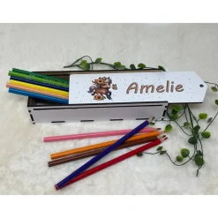 Best Stiftebox aus Holz personalisiert | Geschenk Einschulung| Federmäppchen Stifte Etui | Stifthalter Pferd Kinder Federmäppchen