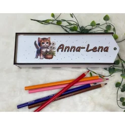 Best Stiftebox aus Holz personalisiert | Geschenk Einschulung| Federmäppchen Stifte Etui | Stifthalter Katze Kinder Federmäppchen