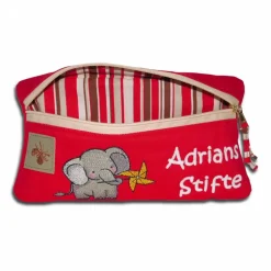 New Stiftemäppchen in rot Federmäppchen Schlampermäppchen Etui für Krimskrams bestickt mit einem Elefanten und dem Namen des Kindes Kinder Federmäppchen