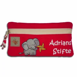 New Stiftemäppchen in rot Federmäppchen Schlampermäppchen Etui für Krimskrams bestickt mit einem Elefanten und dem Namen des Kindes Kinder Federmäppchen