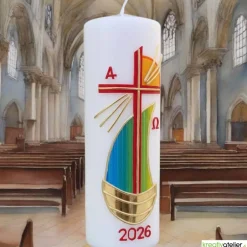 Hot Strahlen der Hoffnung - Handgefertigte Osterkerze mit Kreuz, Segelschiff, Sonne, Alpha&Omega, Osterkerze religiös Osterkerzen