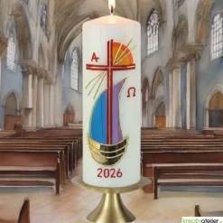 Hot Strahlen der Hoffnung - Handgefertigte Osterkerze mit Kreuz, Segelschiff, Sonne, Alpha&Omega, Osterkerze religiös Osterkerzen