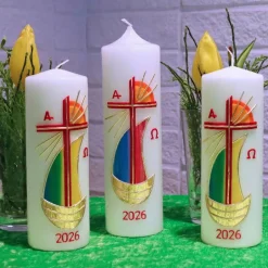 Hot Strahlen der Hoffnung - Handgefertigte Osterkerze mit Kreuz, Segelschiff, Sonne, Alpha&Omega, Osterkerze religiös Osterkerzen
