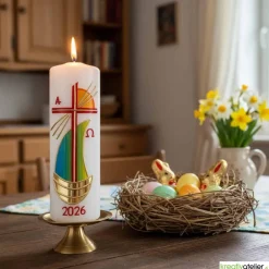 Hot Strahlen der Hoffnung - Handgefertigte Osterkerze mit Kreuz, Segelschiff, Sonne, Alpha&Omega, Osterkerze religiös Osterkerzen