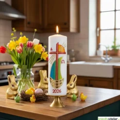 Hot Strahlen der Hoffnung - Handgefertigte Osterkerze mit Kreuz, Segelschiff, Sonne, Alpha&Omega, Osterkerze religiös Osterkerzen