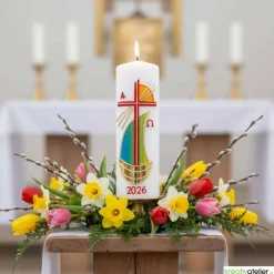 Hot Strahlen der Hoffnung - Handgefertigte Osterkerze mit Kreuz, Segelschiff, Sonne, Alpha&Omega, Osterkerze religiös Osterkerzen