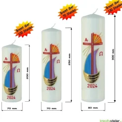 Hot Strahlen der Hoffnung - Handgefertigte Osterkerze mit Kreuz, Segelschiff, Sonne, Alpha&Omega, Osterkerze religiös Osterkerzen