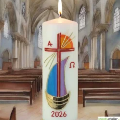 Hot Strahlen der Hoffnung - Handgefertigte Osterkerze mit Kreuz, Segelschiff, Sonne, Alpha&Omega, Osterkerze religiös Osterkerzen