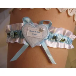 Outlet Strumpfband, Brautstrumpfband, Hochzeit, Braut, weiß, blau, Röschen, Wunschtext, Vornamen, Hochzeitsdatum, Spruch Strumpfbänder
