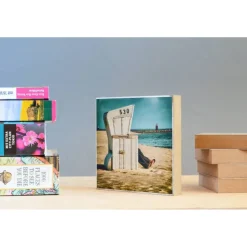 Gastgeschenke|BildArt Sylt Strandkorb maritim Sand Urlaub Foto auf Holz, im Quadrat, 13 x 13 cm Geschenk für sie