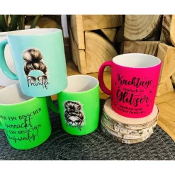 Online Tassen lustige Sprüche Kaffeetasse Kaffeebecher „Momlife“ „Kacktage in Glitzer…“ Geschenk Mama Mutter Freundin Neon Geschenke