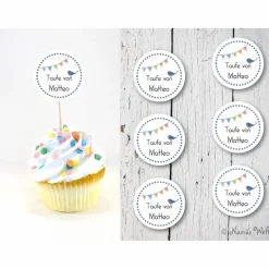 Online Taufe Set 6 Cupcake Topper personalisiert Flags Muffindeko mit individuellem Namen für Mädchen oder Jungen Taufschmuck