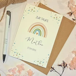 Discount Taufkarte personalisiert Junge – Glückwunschkarte zur Taufe mit Namen & Datum – Regenbogen Karte A6 mit Umschlag Glückwunschkarten