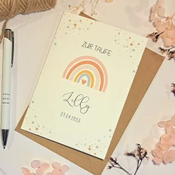 Discount Taufkarte personalisiert Junge – Glückwunschkarte zur Taufe mit Namen & Datum – Regenbogen Karte A6 mit Umschlag Glückwunschkarten