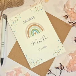 Discount Taufkarte personalisiert Junge – Glückwunschkarte zur Taufe mit Namen & Datum – Regenbogen Karte A6 mit Umschlag Glückwunschkarten