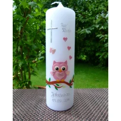 Taufkerzen|Babyprince Taufkerze Eule Kreuz Mädchen rosa Herzen Taufe Handarbeit keine Folie handgearbeite Wachsverzierungen + Beschriftungen