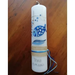 Taufkerzen|Babyprince Taufkerze Fisch mit Spruch, bubble Fisch, blau inkl. Beschriftung