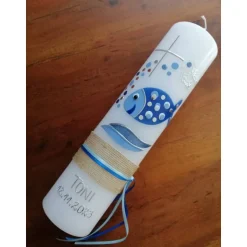 Taufkerzen|Babyprince Taufkerze Fisch mit Spruch, bubble Fisch, blau inkl. Beschriftung