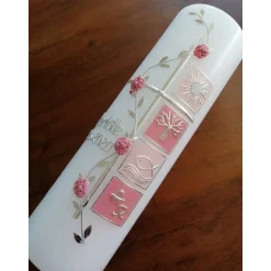 Taufkerzen|Babyprince Taufkerze Kreuz Ranke rosa Mädchen Taufe Handarbeit keine Folie handgearbeite Wachsverzierungen und Beschriftungen