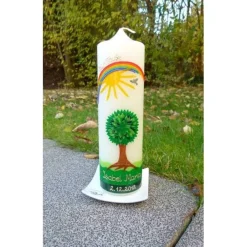 Hot TAUFKERZE Lebensbaum, Baum, Sonne, Regenbogen, inkl. Beschriftung, Wachsverzierungen + handgearbeitete Wachsbeschriftung Taufkerzen