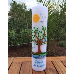 Taufkerzen|Babyprince Taufkerze  Lebensbaum, Baum, Sonne, Taube, Fische, inkl. Beschriftung, Farbwünsche möglich, Wachsverzierungen, keine Fol