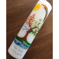 Taufkerze Lebensbaum Jungen Mädchen Sonne Regenbogen Jahreszeiten Fische Ichthys Wachsverzierungen Wachsbeschriftungen ! Taufkerzen